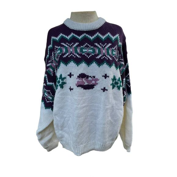 Vintage 1980s Gina Peters Large Sweater, Purple Green and White Knit Sweater - Picture 1 of 6